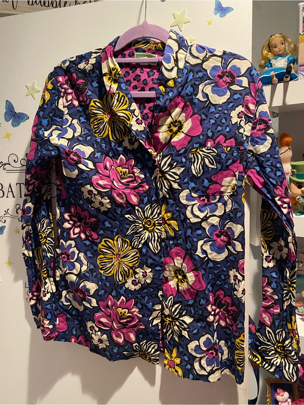 Vera Bradley Floral Button Up Shirt Blue Pink Cotton Small Boho Casual - Picture 2 of 6